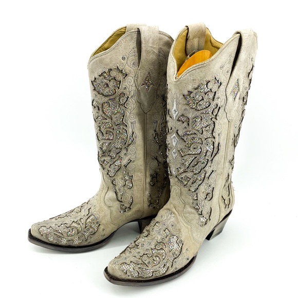 CORRAL🌺White Swarovski Glitter Inlay Leather Western Cowboy Boots Sz 9 - Picture 5 of 15